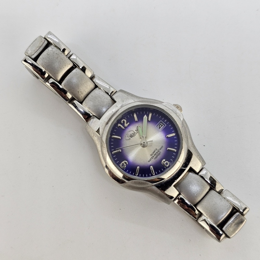 BUM Women's Analog Watch 27MM Purple Gray Dial Date Gray Bands 5.5" NEW Battery